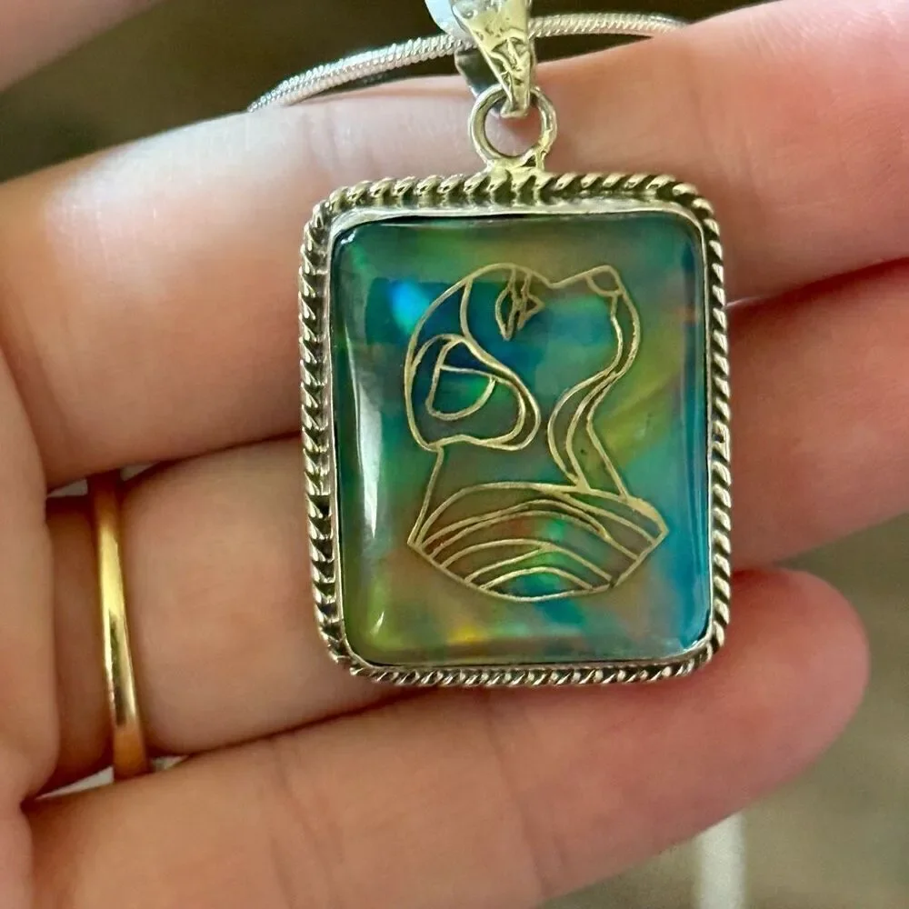 Aurora Opal Dog Carving Pendant Necklace – Sterling Silver Elegance
